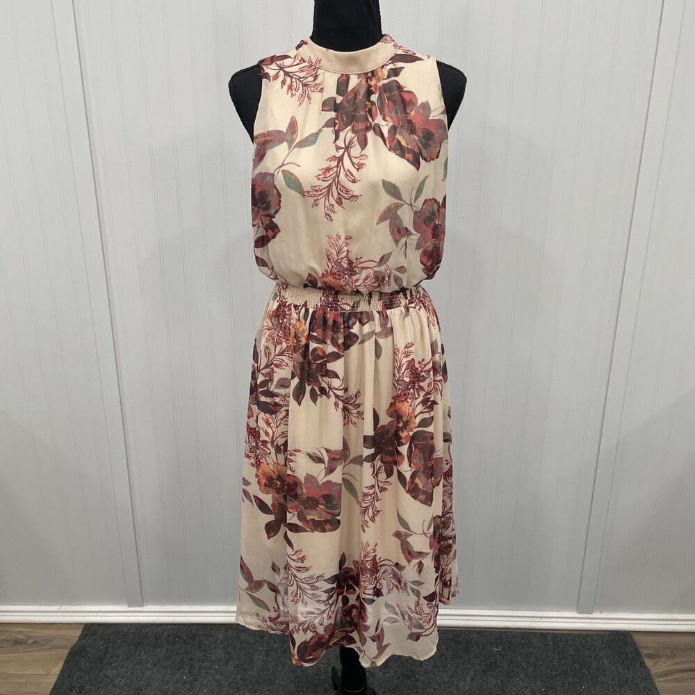 Soieblu Women's Small Cream Floral High Neck Chiffon Elastic Waist Midi Dress